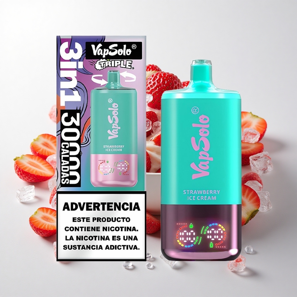 VapSolo Triple 30000 Puffs Jordbær Iscreme med 40ml E-Væske og Type-C Opladning