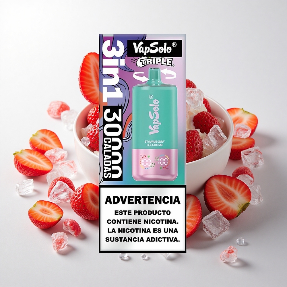 VapSolo Triple 30000 Puffs Jordbær Iscreme med 40ml E-Væske og Type-C Opladning