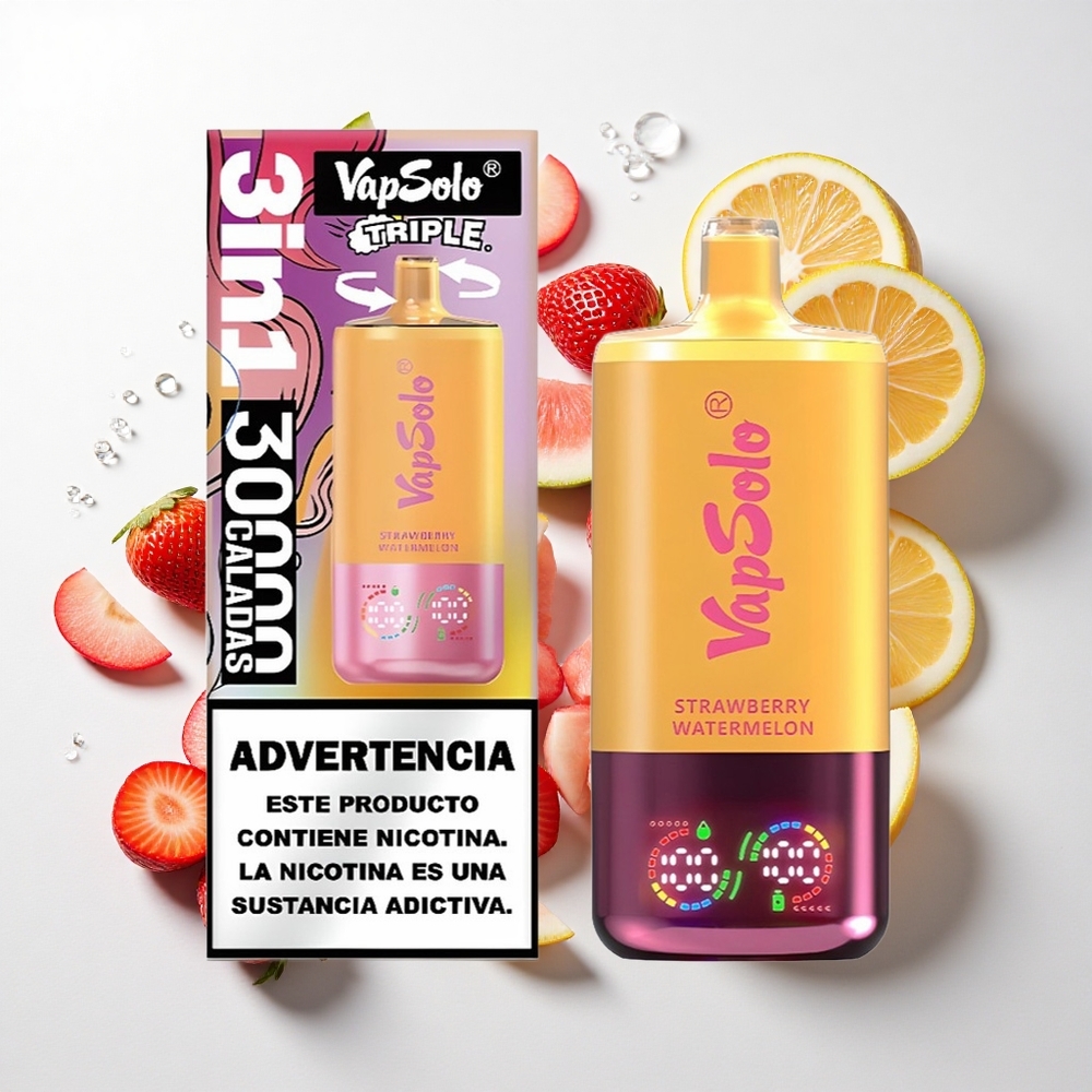 VapSolo Triple 30000 Puffs Jordbær Vandmelon & Citron Fersken med 40ml e-væske og Type-C opladning