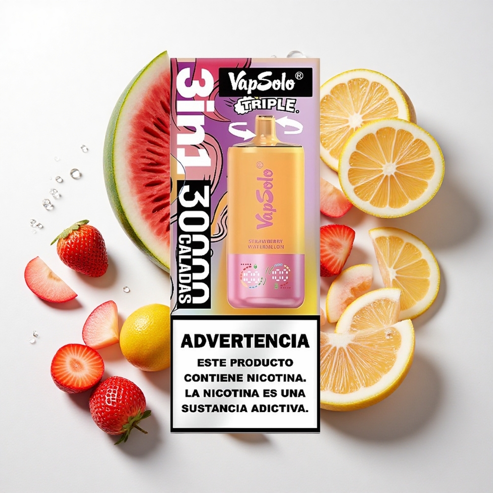 VapSolo Triple 30000 Puffs Jordbær Vandmelon & Citron Fersken med 40ml e-væske og Type-C opladning
